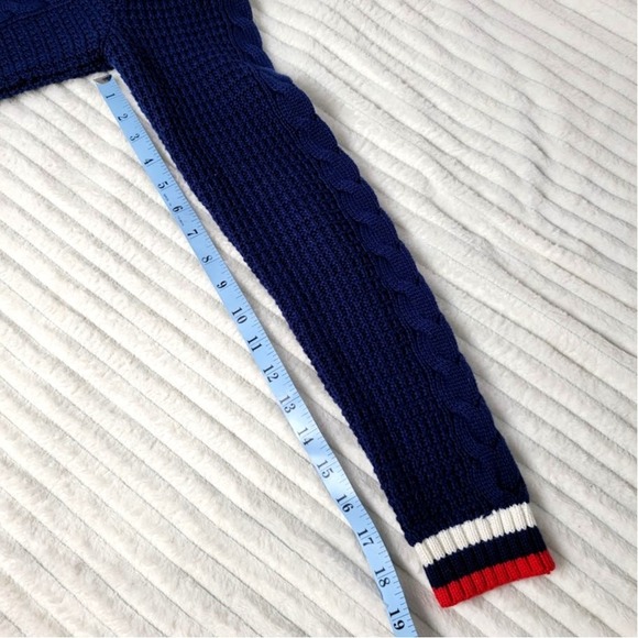Lands' End Navy Cable Knit Sweater M Preppy V-Neck Striped Trim Drifter‎ 10-12 - Picture 7 of 9
